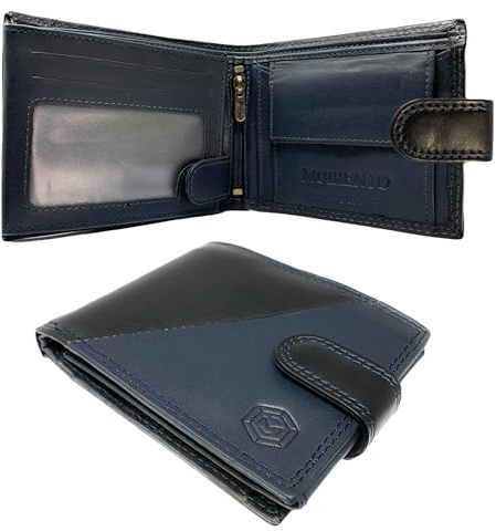 Mens Black Leather Wallet, Navy RFID Blocking Genuine Real Trifold Leather with Coin Pocket Anti Scan/Fraud Proof Wallet ID Holder with Contact Less Card Protection Gift (Navy Black)