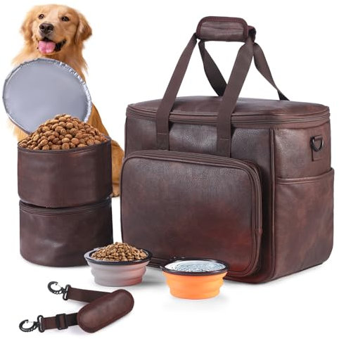 Lasaviin Hunde-Reisetasche, Leder-Reise-Haustiertaschen-Set für Hund und Katze, von Fluggesellschaften zugelassene Tragetasche mit Multifunktionstaschen, 2 Lebensmittelbehälter, 2 faltbare Näpfe