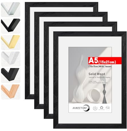 HIMEETIME® 4x Bilderrahmen DIN A5 14,8x21 cm Schwarz Holz Fotorahmen aus Massivholz,Rahmen mit Plexi-glass front,für Bilder 10x15cm mit Matte,für Wandbehänge oder Tischdekoration