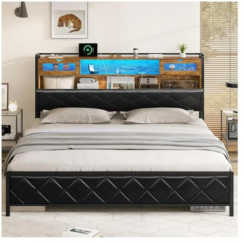 Tiiiopkvvv Upholstered Platform Bed e LED Metal with Storage PU Leather Headboard,Bedroom Double Adult and Adolescent,Non-Slip (One Color King)