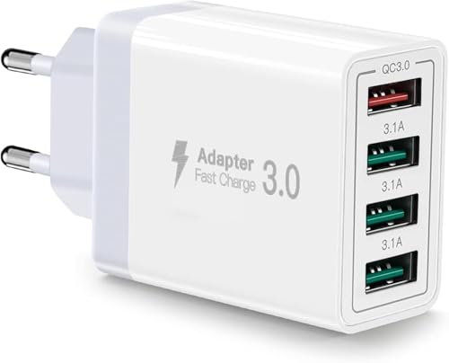 Cargador USB, Carga USBA de 4 Puertos con Cargador-rápido Smart QC 3.0 de 33W, Carga de Varios Puertos USB-Adaptador Compatible con iPhone 11/12/13/14/15/16/SE/XS/Samsung Galaxy S21/S22/S23/S24