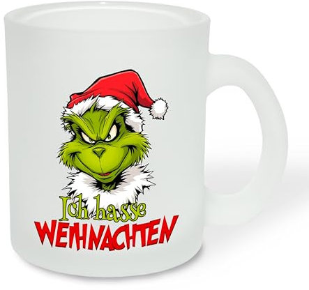 True Statements Geschenk für Glühwein-Fans: Glastasse „Ich hasse Weihnachten“ mit Weihnachtgrinch-Motiv - Geschenkidee zur Adventszeit | Weihnachtszeit - Glastasse Satiniert, ca. 300ml