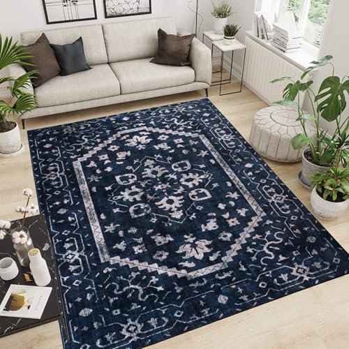 TUKDAK Vintage Teppich für Wohnzimmer 120x180cm, Marineblau Waschbar Küchenteppich Rutschhemmender Gummirückseite, Weich Kurzflor Schlafzimmer Faux Wool Teppich fürs Kinderzimmer Waschküche Badezimmer