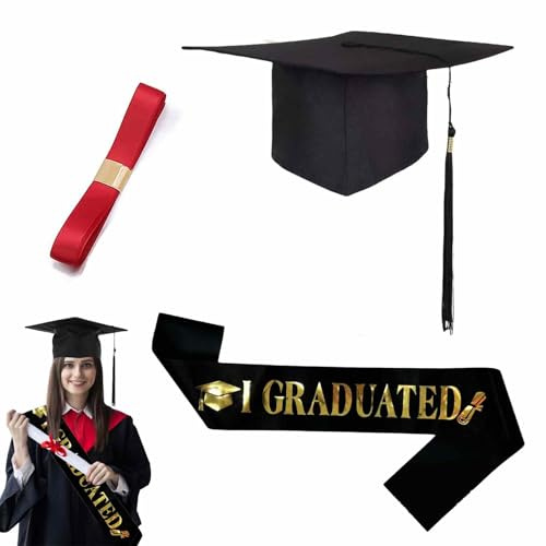 Bachelor Hut Graduation hat Abschluss Hut Verstellbar Abschlussfeiern, Doktorhut Set mit Abschlussmütze, Schärpe und rotem Satinband – Für Männer und Frauen – Hohe Qualität, modisches Design