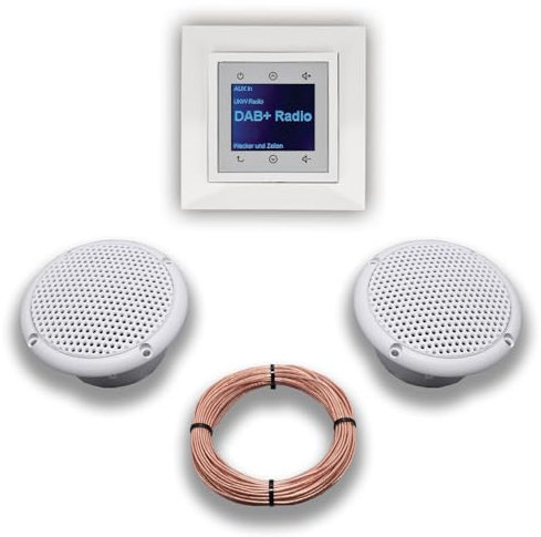 BERKER Unterputz DAB+ Radio 29848989 polarweiß glänzend mit 1fach Rahmen Berker + 2 x Feuchtraum/Badezimmer - Deckenlautsprecher Einbaulautsprecher + 20 Meter EBROM Lautsprecherkabel