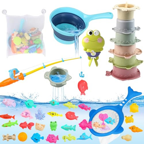 40 Stück Baby Badespielzeug, Badewannenspielzeug Magnetisches Angeln Spielzeug mit Kinderangel Fischernetz Uhrwerk Frosch und Stapelbecher, Angelspiel Wasserspielzeug Lernspielzeug für Kleinkinder