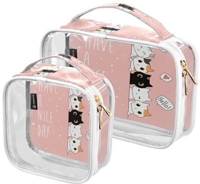 2 Pack Clear Travel Makeup Cosmetic Toiletry Bag Cute Cat Kawaii Kitten for Women Men Girls, Animals Kitten Cosmetic Wash Organizer Bag for Travel Essentials