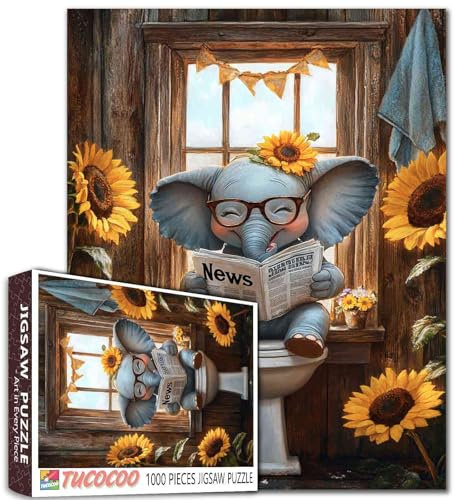 Tucocoo Happy Elephant Puzzles 1000 Teile Bauernhaus Tier sitzend auf Toilette Jigsaw Puzzle für Erwachsene Rustikale Badezimmer Kunst Puzzles für anspruchsvolle Familienaktivität Spiel DIY Puzzle