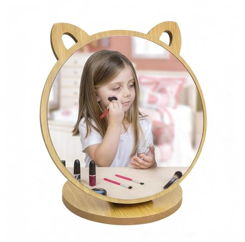 PHMING Schminkspiegel, Kann um 90 Grad Gedreht Werden Kosmetikspiegel | Katzenohrenform Stehend Holz Beauty Kosmetikspiegel für Schlafzimmer Wohnzimmer