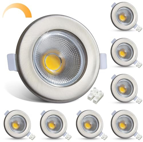 HiBay 8er LED Einbaustrahler 230V Dimmbar COB Set 10W LED Spot Gebürstet Edelstahl Deckenspots 65-85mm Lochmaß Warmweiß 3000K 850LM für Schlafzimmer Wohnzimmer Ausstellungsraum
