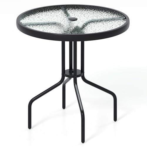 GOPLUS Table Bistrot d’Exterieur, Table à Manger Ronde de 70 cm avec Plateau en Verre Trempé et Trou pour Parasol de 4 cm, Structure en Métal Robuste, pour Jardin, Terrasse, Véranda, Noir 70x70CM