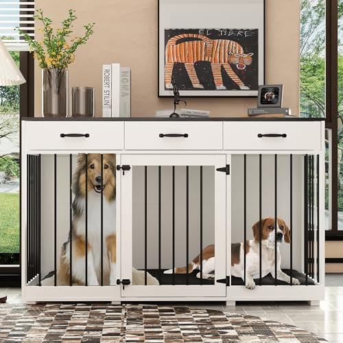 Hundekäfig für Zuhause, Eisen Hundekäfig,Hundebox XXL,Hundehütte Hundekiste für den Innenbereich,PB-Brett + Bügeleisen, Hundebox mit 1Tür 3 Schubladen 137 x 57 x 85 cm, Metall, Schwarz + Weiß