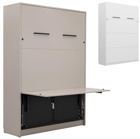 QMM Schrankbett Wandklappbett vertikal GN 140x200 mit LED und Schreibtisch weiß, Eiche, Congo (Weiß)