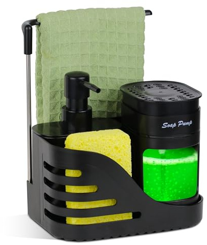 Vitachy Organisateur Évier 4 en 1 Noir - Distributeur Savon Porte Éponge | Doseur liquide vaisselle, porte savon et éponge avec support chiffon · Double bac compact antidérapant pour la cuisine