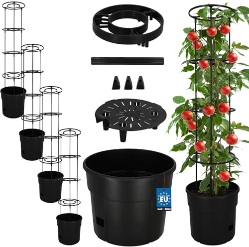 KOTARBAU® Tomatentopf mit Rankhilfe & Wasserspeicher ⌀ 30 cm, Tomatenturm | 4er Set Pflanztopf + Rankhilfe für Tomaten & Gurken, 115 cm hoch, Rankturm, Anzuchttopf aus Kunststoff, Schwarz