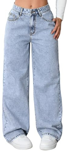 SweatyRocks Jeans Damen Elegant Damenjeans Hohe Taille Denimjeans mit Reißverschluss Weit Bein Hosen mit Taschen Jeanshosen mit Taschen Blau M