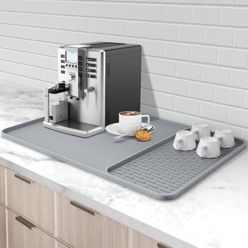 Silikon Unterlage Kaffeemaschine,2-in-1 Kaffeematte 61 x 41 cm,hitzebeständige rutschfeste Trockenmatte Unterlage für Kaffeemaschine,Kaffeevollautomat & Espressomaschine,mit abnehmbarer Abtropfmatte
