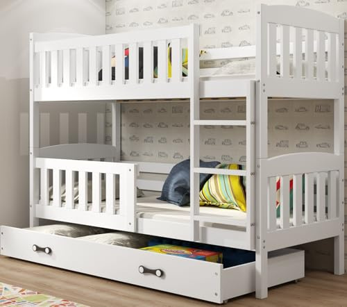 Interbeds Etagenbett 190x90 cm Hochbett Stockbett mit Schublade Holzbett Kiefernholz Kinderbett Jugenbett mit Lattenrost und Rausfallschutz (weiß, 190x90)