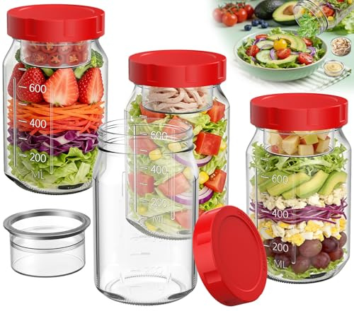 4 Glass Salad Jars with Lids, 800ml+150ml Wet/Dry Separation Cup, Red | BPA-free Wide Mouth Mason, Leak Proof Overnight Oats Jar, Meal Prep Salad Containers for Lunch