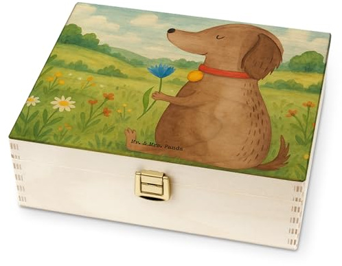 Mr. & Mrs. Panda Holz Teebox Hund Blume Design - Geschenk, Halsband, Tee Box, Aufbewahrung, Hunde, Teedose, Aufbewahrungsbox, für Paare, Hundemotiv, Süß