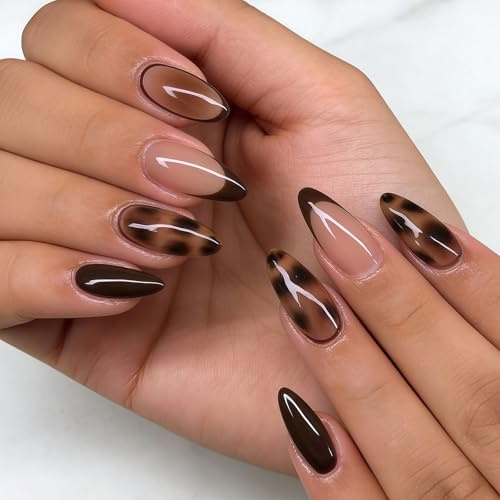 24 Stück Herbst Press on Nägel – Mittlere Mandelform mit Braunem Leopard-Muster & Französischer Gradient-Spitze, Glänzende Vollflächige Acryl-Kunstnägel zum Aufkleben für Damen & Mädchen