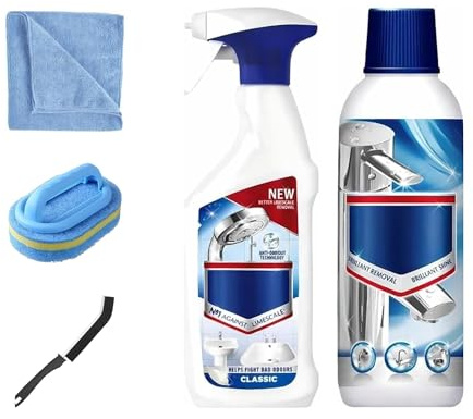 Limescale Remover Bundle – Removes Hard Water Stains from Taps, Shower Glass & Tiles | 5-Piece Kit with Spray, Liquid, Scrub Sponge, Crevice Brush & Microfibre Cloth