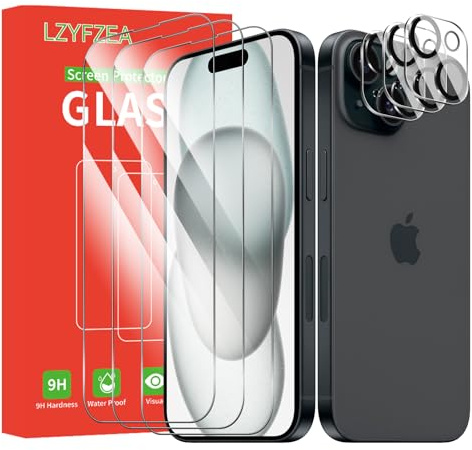 LZYFZEA 3 pièces Verre Trempé pour iPhone 15 avec 3 Pièces Caméra Arrière Protecteur, Film Protection Écran, HD Transparent, Anti-trace, Dureté 9H Glass