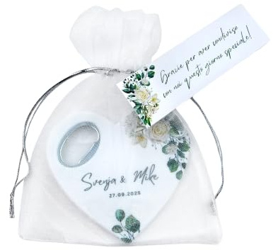 Affiorezuna Bomboniere matrimonio personalizzate a forma di cuore, calamita apribottiglie, regali personalizzati per addio al nubilato con biglietto di (Apribottiglie + Sacchetto regalo)(Set da 30)