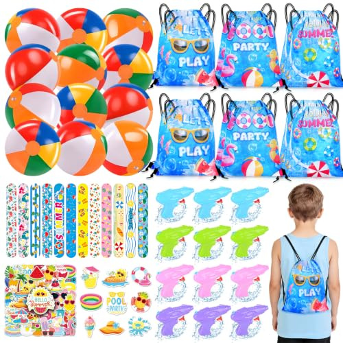 Fantspati Regali Festa Piscina, Confezione 108 Pezzi Accessori Festa Estivi per Bambini, Palloni da Spiaggia, Sacchetti con Coulisse, Adesivi, Articoli per Festa Compleanno Hawaiana
