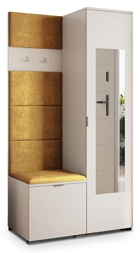 Masseno Flugarderoben Set VIRA, Kleiderschrank-Set mit Spiegel und Sitzbank, Garderobenschrank Flur mit 3 Regalböden, Kaschmir