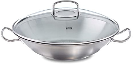 Fissler - Profi collection, Wok (5,3 litros, 35 cm) de acero inoxidable, con tapadera de vidrio, apta para cocinas de inducción, gas, vitrocerámica y eléctricas