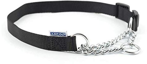 Ancol Heritage Nylon and Chain Check Dog Collar - Black Durable Training Accessory for Puppies and Dogs - 25-35cm Size 1-2