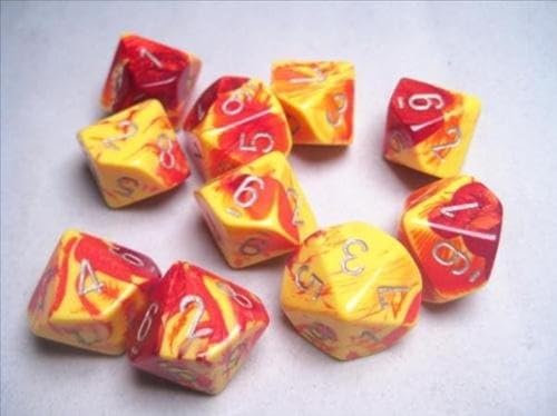 Chessex Dice Sets: Gemini Red & Yellow with White - Ten Sided Die d10 Set (10)