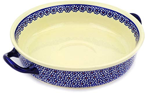 Hand-Decorated Polish Pottery Large Round Casserole with Handle, Diameter 31.5 cm H 6.7 cm/Volume 1.7 Litres, Decor 120