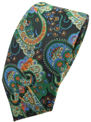 TigerTie - schmale Designer Krawatte in grün dunkelgrün orange blau Paisley gemustert