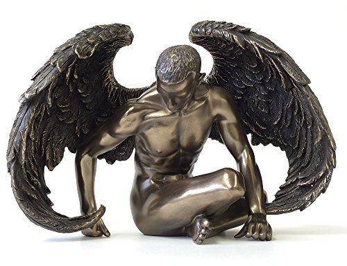 JFSM INC. Geflügelter männlicher nackter Engel sitzend Figur Statue Skulptur