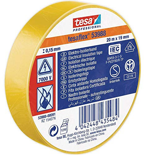 TESA 53988-00091-00 53988 - Cinta aislante (20 m x 19 mm), color amarillo
