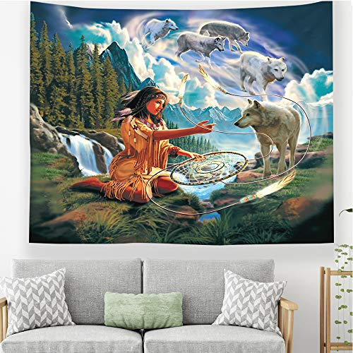 Odot Wandteppich Wandtuch Wandbehang, Mandala Wolf Tapisserie Tischdecke Meditation Yogamatte Strandtuch Tapisserie Dekoration für Schlafzimmer Wohnzimmer (130x150cm,Inder)