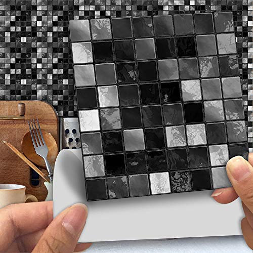 Alwayspon Wall Tile Transfers Sticker for Home Decor, Peel & Stick self-Adhesive splashback, Tile Decals for Living Room Kitchen Bathroom Wall Decor, 25 Pieces Glitter Black Tile Stickers