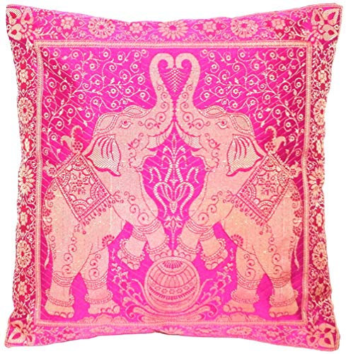 Indische Banarasi Seide Deko Kissenbezüge 40 cm x 40 cm, Extravaganten Designs für Wohnzimmer und Schlafzimmer Dekoration - Doppel Elefant Muster 40 x 40 cm | 16 x 16 Zoll, Rosa-4