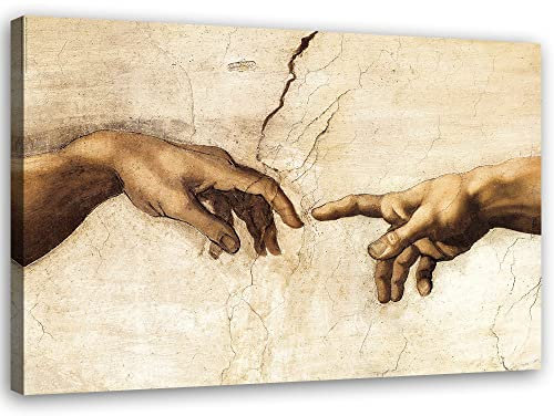 Feeby Vlies Leinwandbild XXL Die Erschaffung Adams Michelangelo Vervielfältigung 120x80 cm Wandbild Kunst Bilder Schlafzimmer Deko Wohnzimmer Hände Gewölbe Sixtinische Kapelle Beige