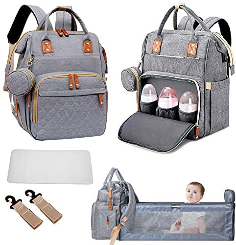 Fexkean Baby-Wickelrucksack, Mumien-Schultertasche für Reisen, Einkaufen, Camping, mit Bett, Unisex für Jungen und Mädchen, grau