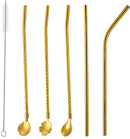 Bulckrew 6pcs Strohhalm Set Wiederverwendbar Edelstahl Trinkhalm 2 in 1 Metallstrohhalm Löffel mit Reinigungsbürste, Gold
