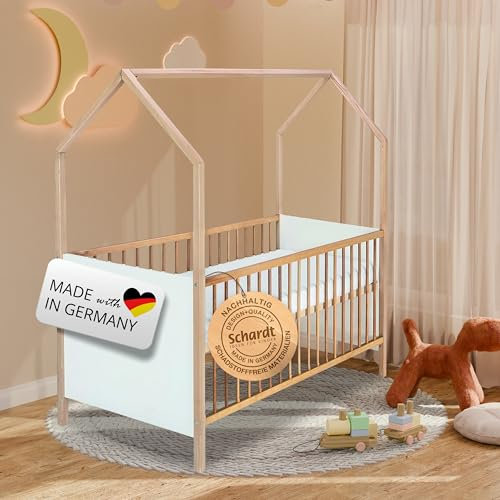 Schardt - Hausbett Venice Natur lackiert - 70 x 140cm - 3fach Höhenverstallbares Kinderbett in Weiß mit Herausnehmbaren Schlupfstäben