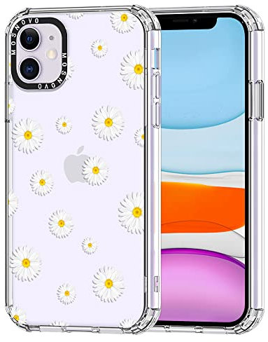 MOSNOVO Case for iPhone 11, [Buffertech 6.6ft Military-Grade Drop Protection] [Anti Peel Off Tech] Clear TPU Bumper Phone Case Cover Design - White Daisy