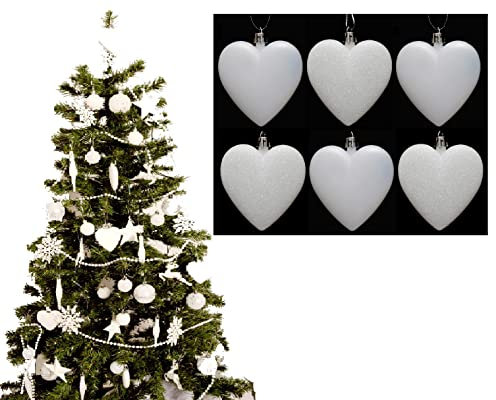 6pc Large Glitter & Matte Heart Baubles - Great Christmas Tree Decorations, Heart Baubles (White)