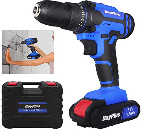 Atornillador Eléctrico Taladro Atornillador 45N.m, Destornillador Inalámbrico y LED, Baterías Litio 1 x 1500mAh, 25+1 Ajuste de Par, 26 Accesorios, Taladro Percutor y Maletín