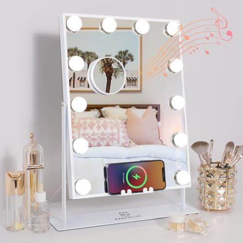 FENCHILIN Bluetooth Vanity Mirror with Lights Wireless Charging Music Speaker Hollywood Makeup Mirror with Lights 12 Dimmable Bulbs 3 Color Smart Touch Control Detachable 10X Magnification