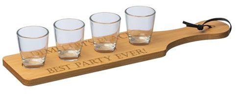 Personalised Shot Glass Party Set of 4 in Wooden Tray 1oz/30ml with Custom Engraving - Perfect for Hen and Stag Parties, Weddings, Birthdays, Anniversaries and Housewarming.