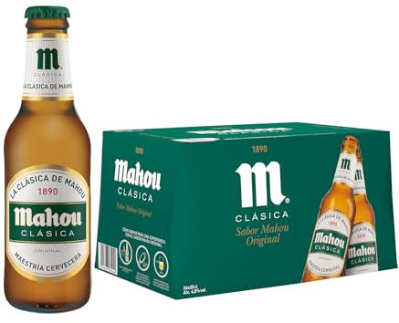 Mahou Clásica, Pack 24 Botellas x 25cl, Cerveza Dorada Lager, Auténtica Cerveza Mahou Con Sabor Suave, 4.8% Vol. Alcohol, El embalaje puede variar